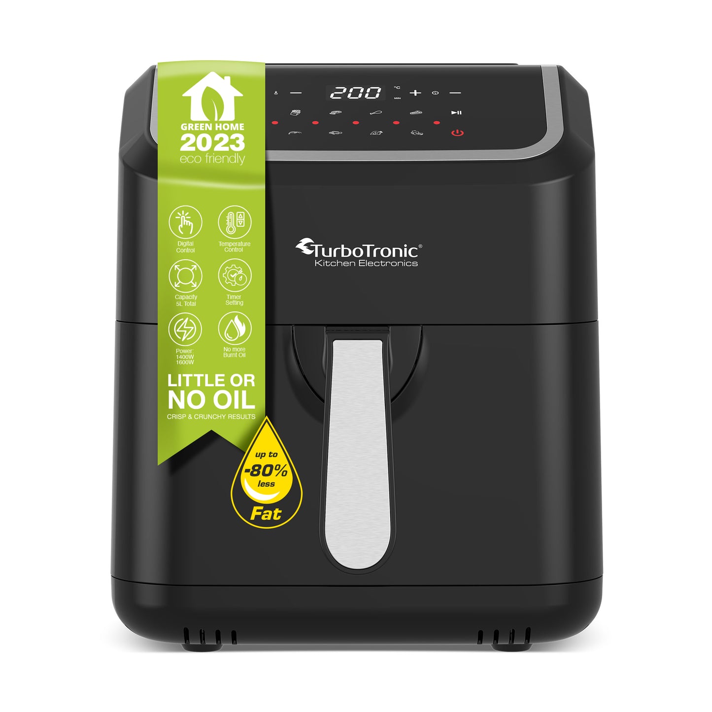 TurboTronic AF12 Digital Airfryer XL - Hot air fryer - 5 Liter - Sort