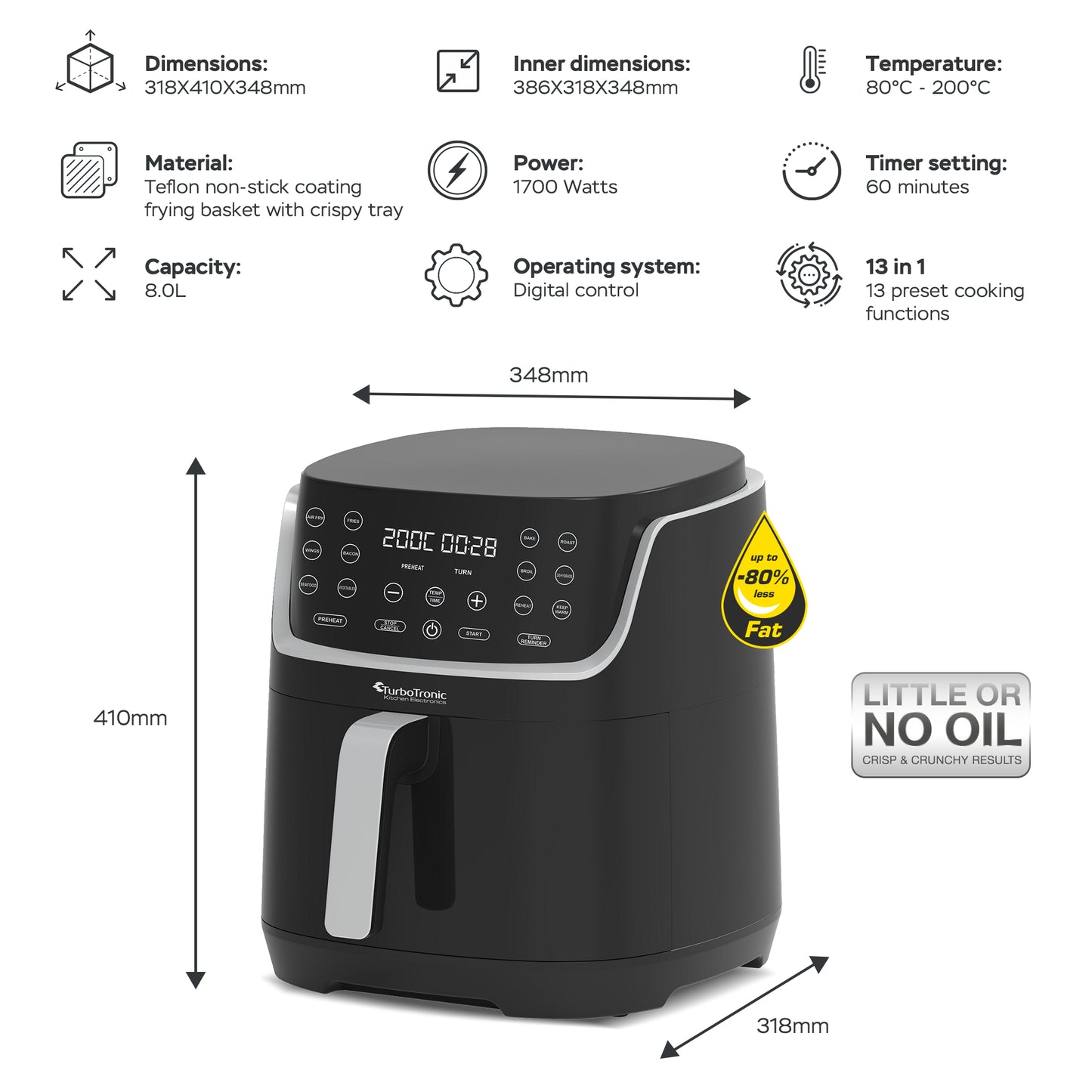 TurboTronic AF13D Airfryer XL - 8 Liter - Sort