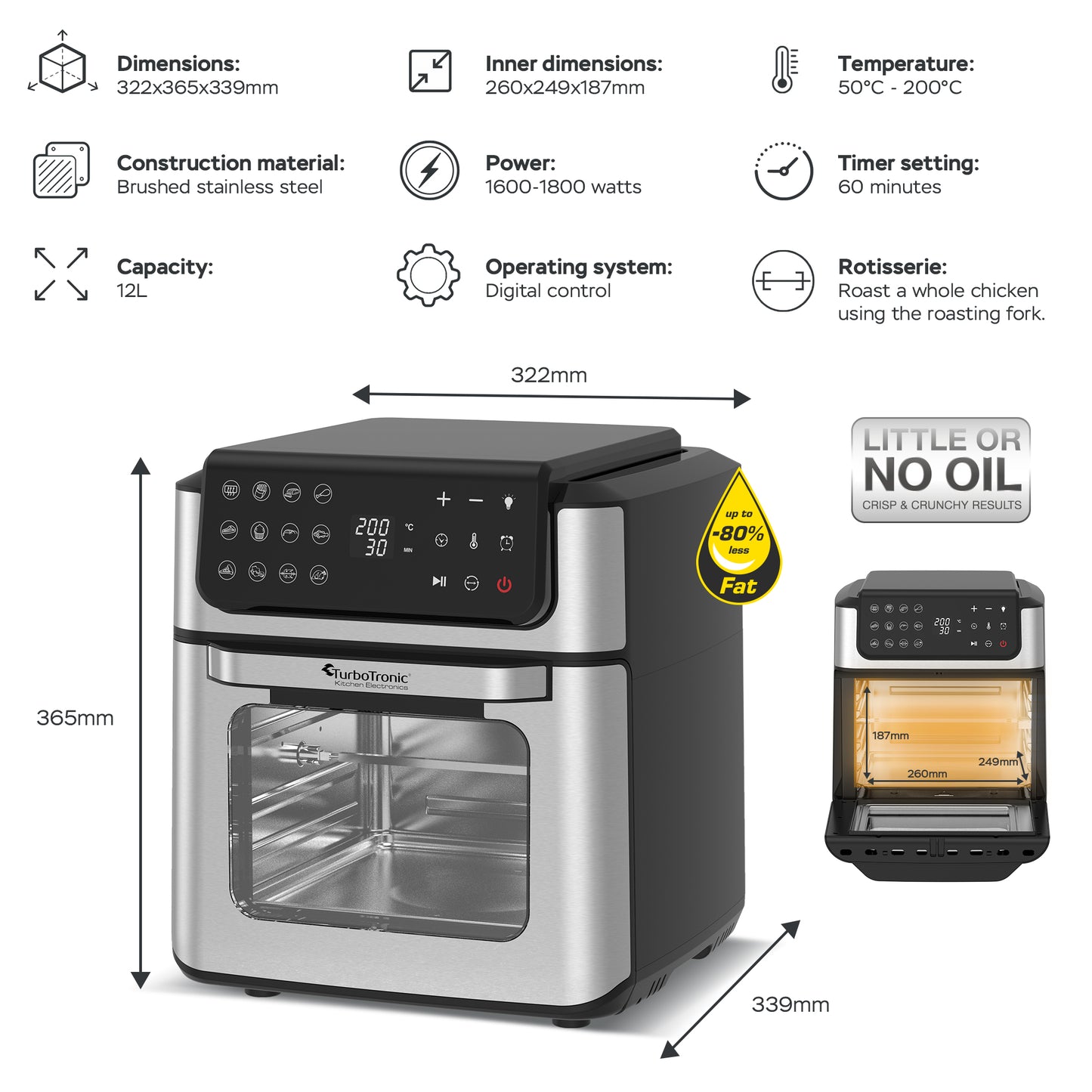 TurboTronic AFO12W Airfryer XXL - 12 Liter - Rustfrit stål