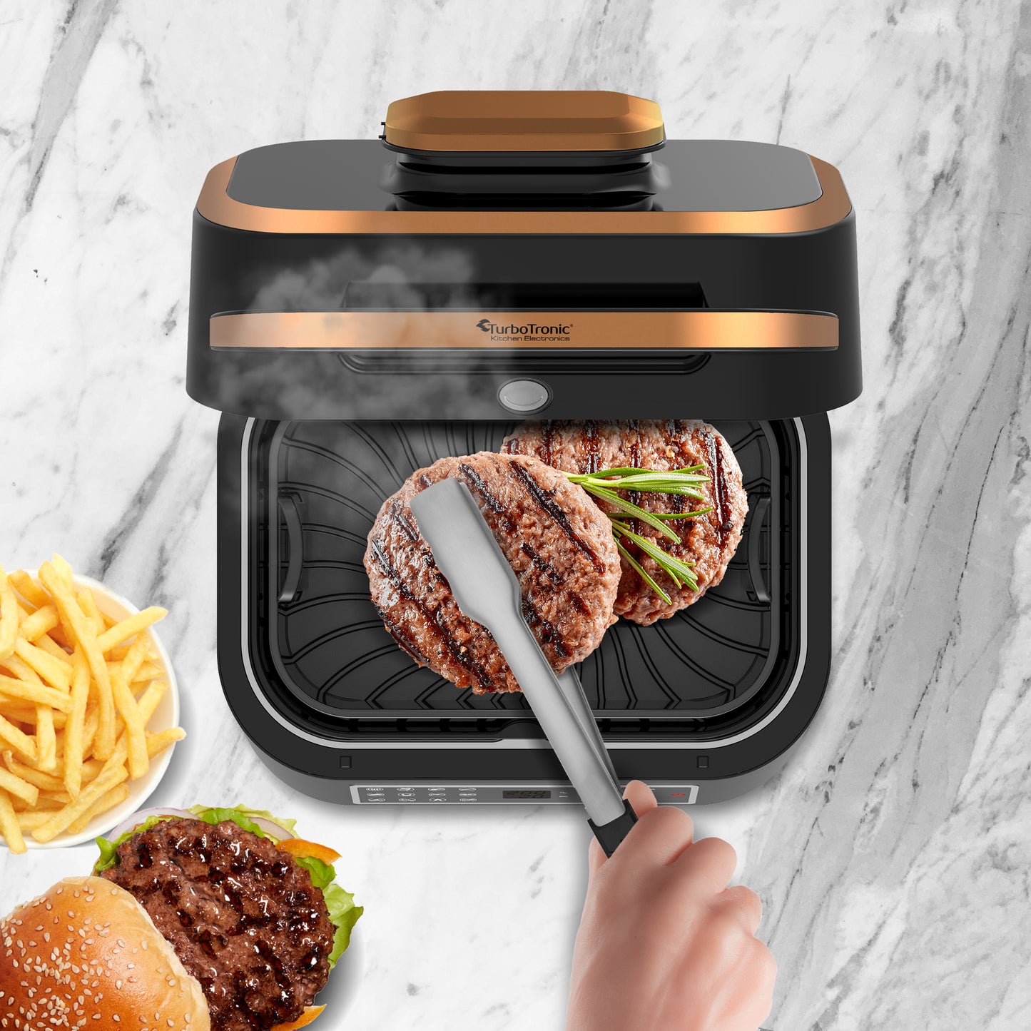 TurboTronic AG700 2-in-1 Airfryer og Grill med Smart Termometer - 6,5L - Sort/Kobber