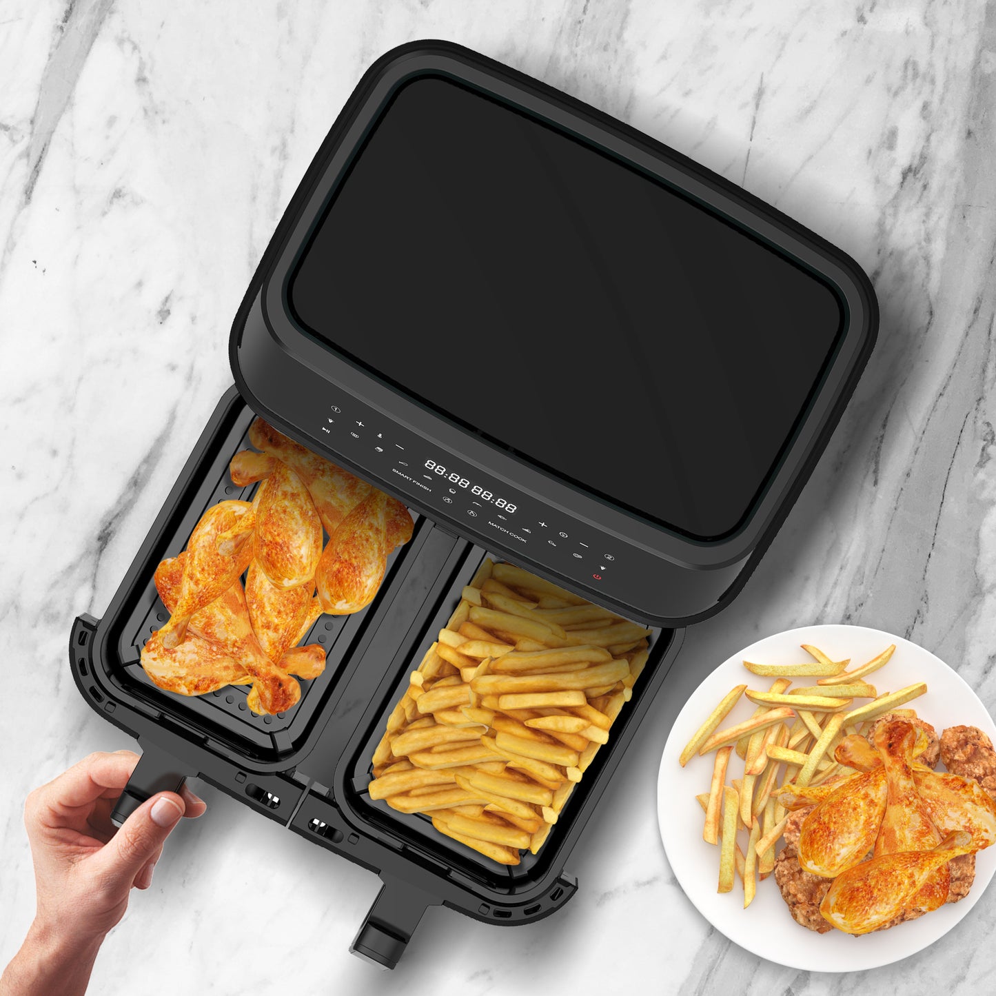 TurboTronic DAF6W Double Airfryer XXL med vindue - 9 Liter - Sort