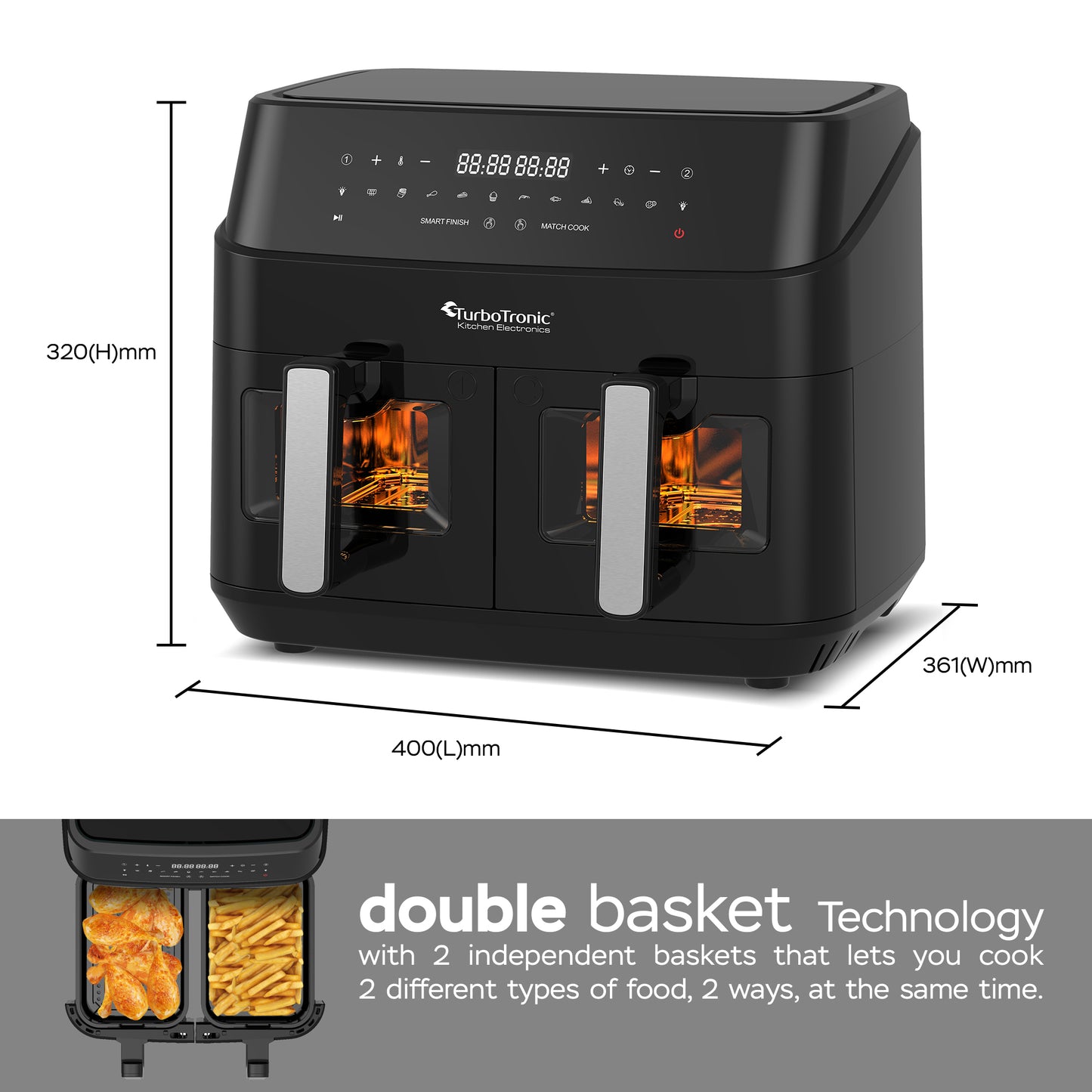 TurboTronic DAF6W Double Airfryer XXL med vindue - 9 Liter - Sort