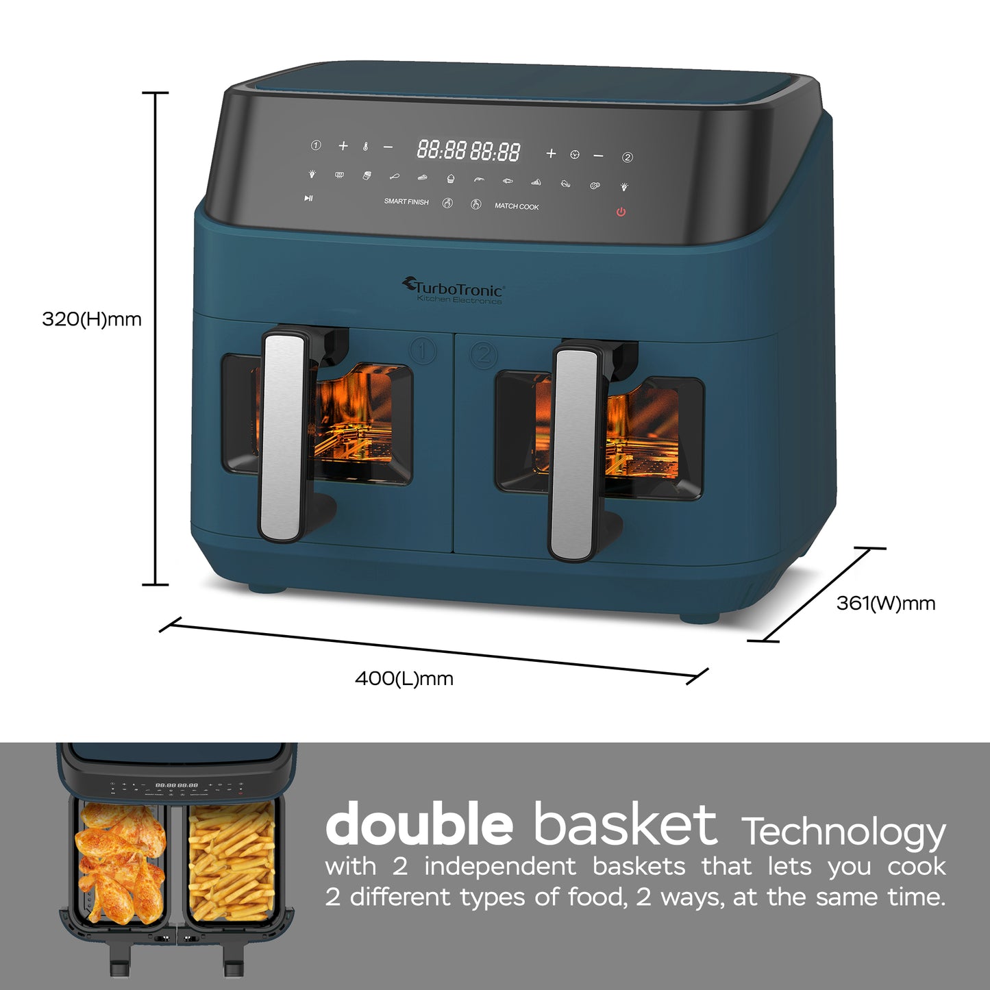 TurboTronic DAF6W Double Airfryer XXL med vindue - 9 Liter - Blå