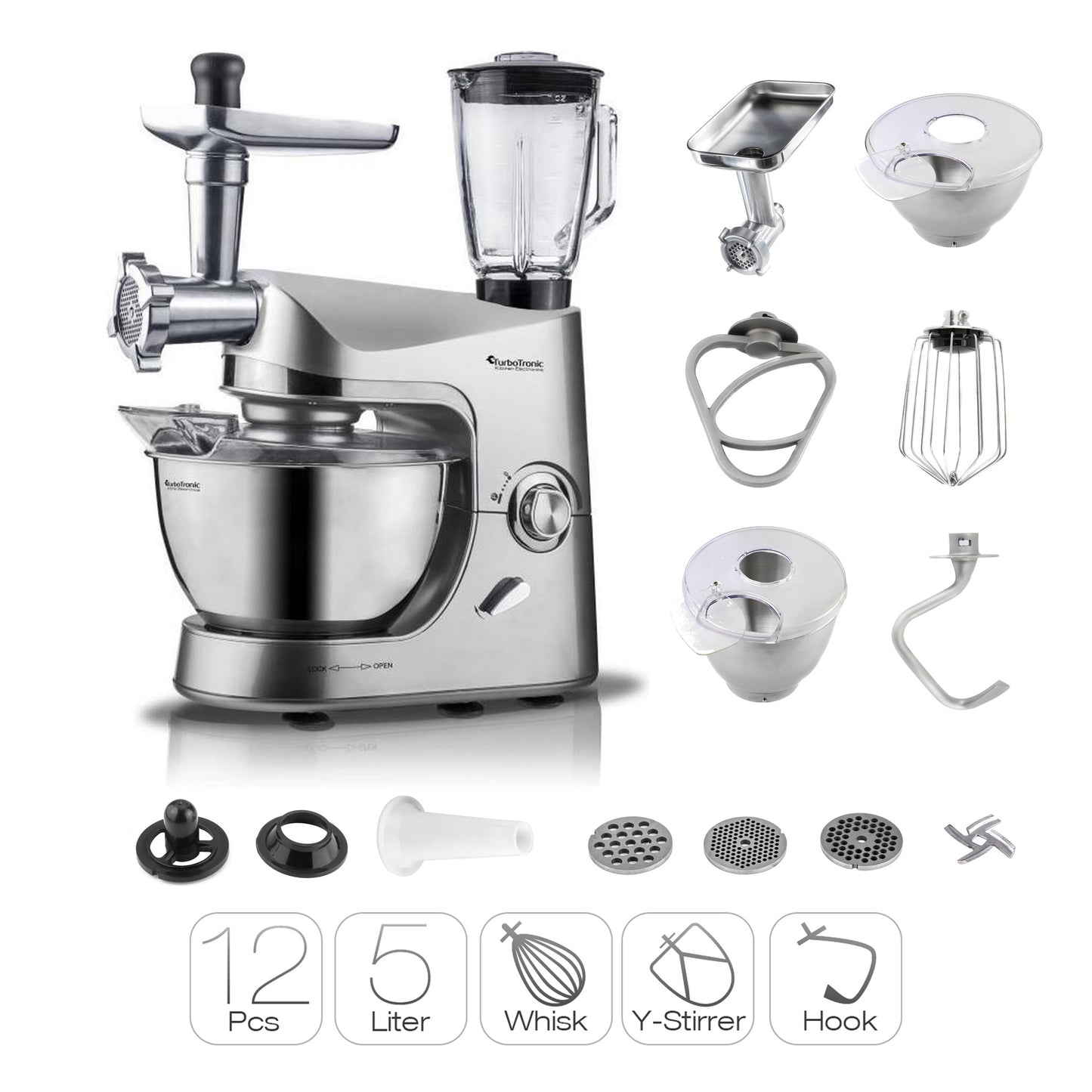TurboTronic TT-007 Food Processor with Blender and Meat Grinder - 5L - Black