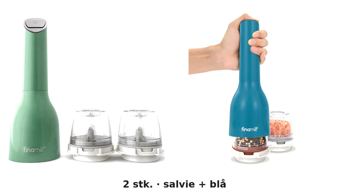 Finamill batteridrevet krydderkværn, 2 stk. i salvie og blå