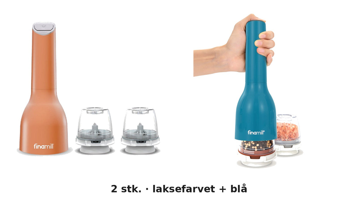 Finamill batteridrevet krydderkværn, 2 stk. i laksefarvet og blå