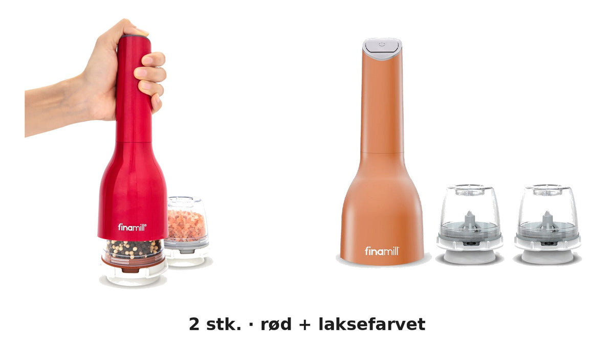 Finamill batteridrevet krydderkværn, 2 stk. i rød og laksefarvet