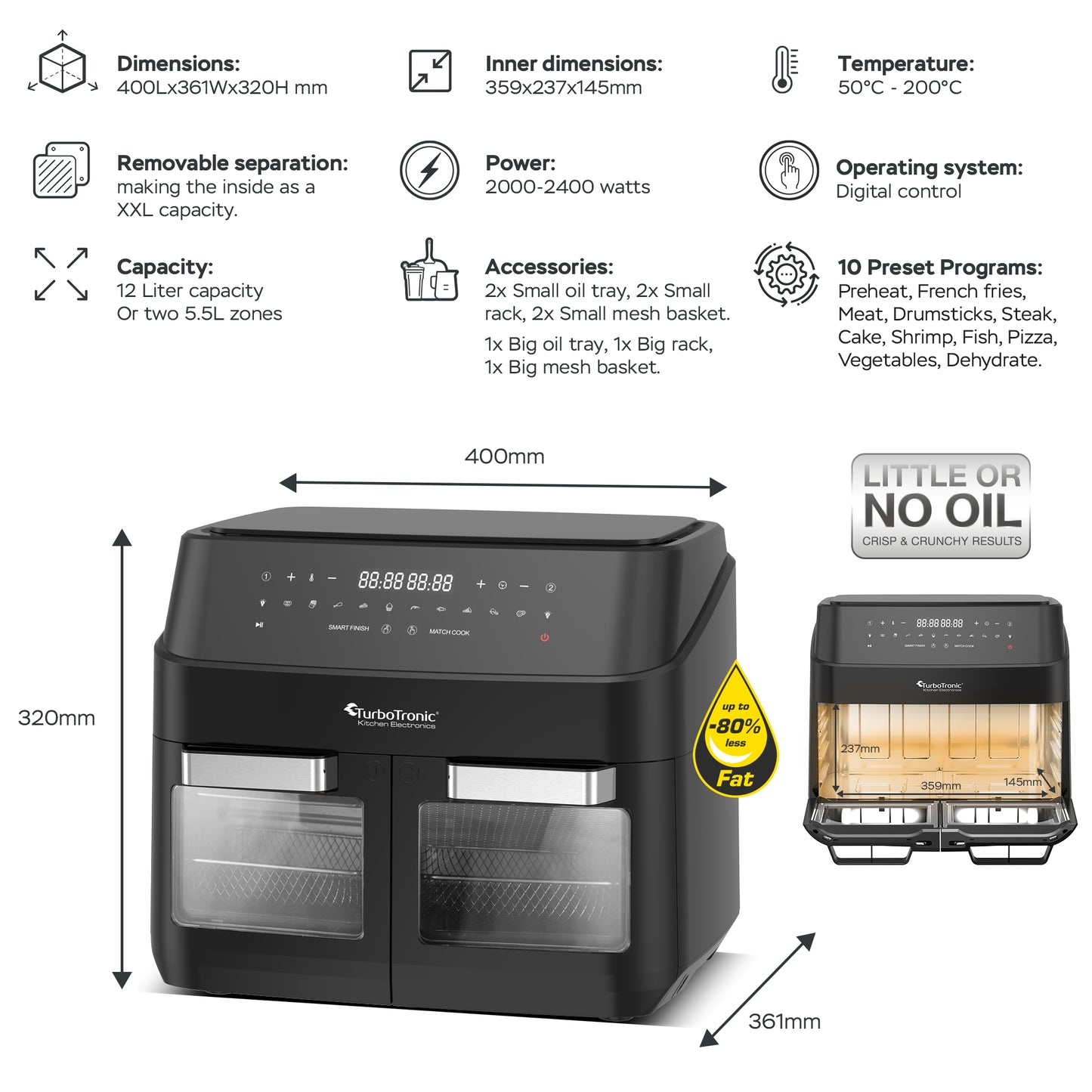 TurboTronic DAF7W Double Airfryer XXL - 3-in-1 - 12 Liter - Sort