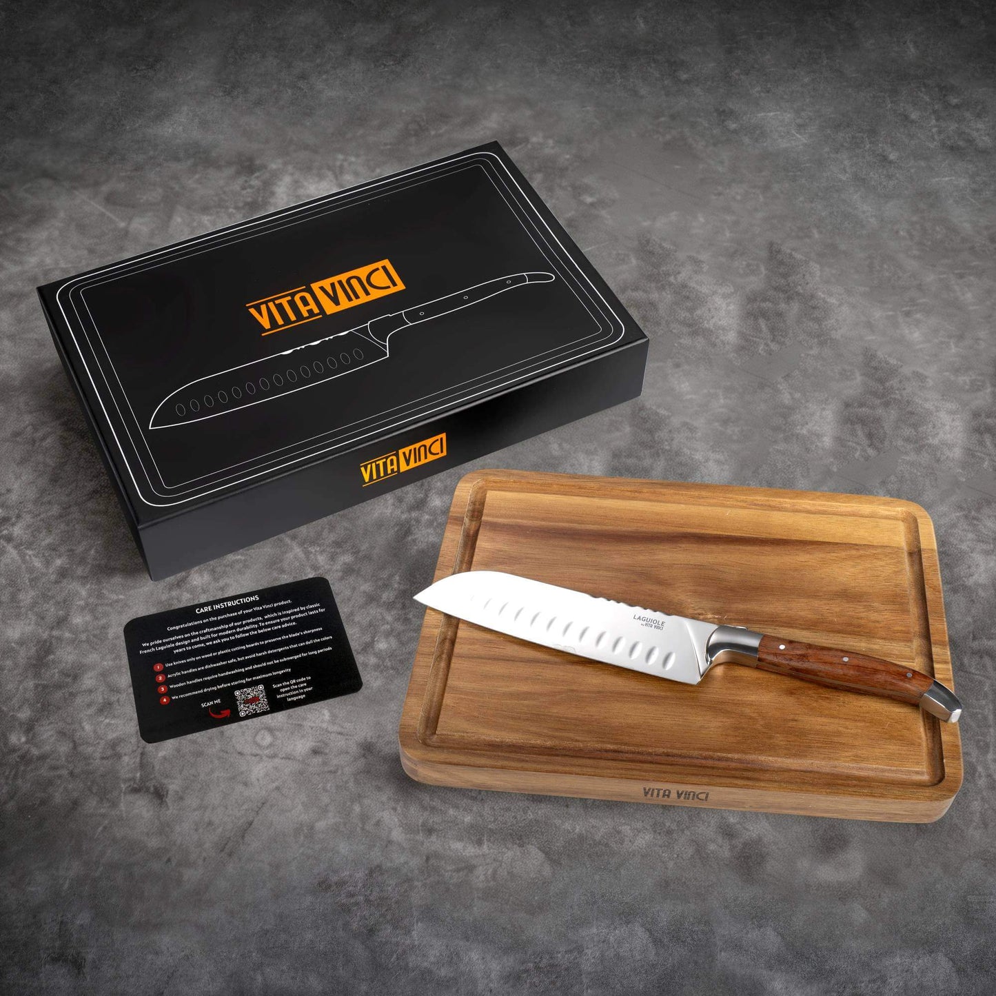 Santoku Kniv med Skærebræt i Akacietræ - Laguiole Vita Vinci - Prestigio