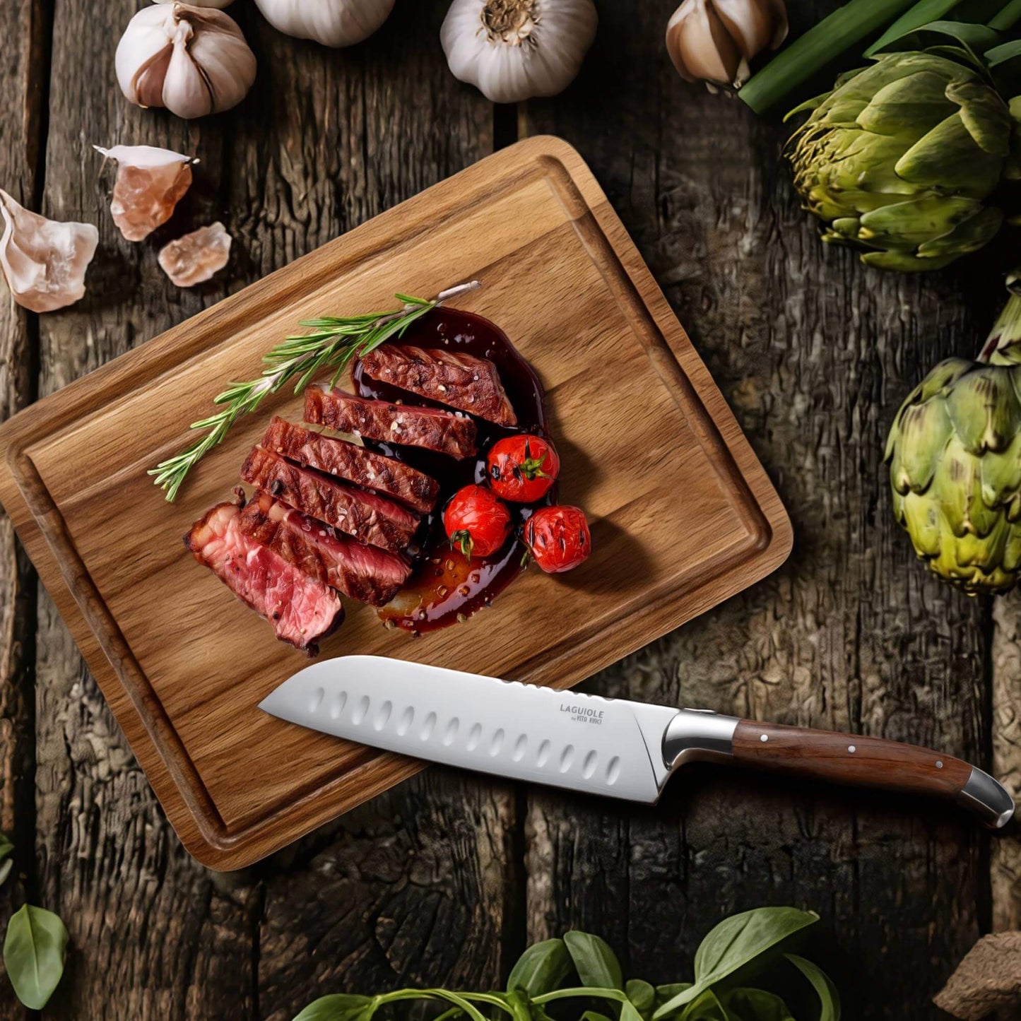 Santoku Kniv med Skærebræt i Akacietræ - Laguiole Vita Vinci - Prestigio