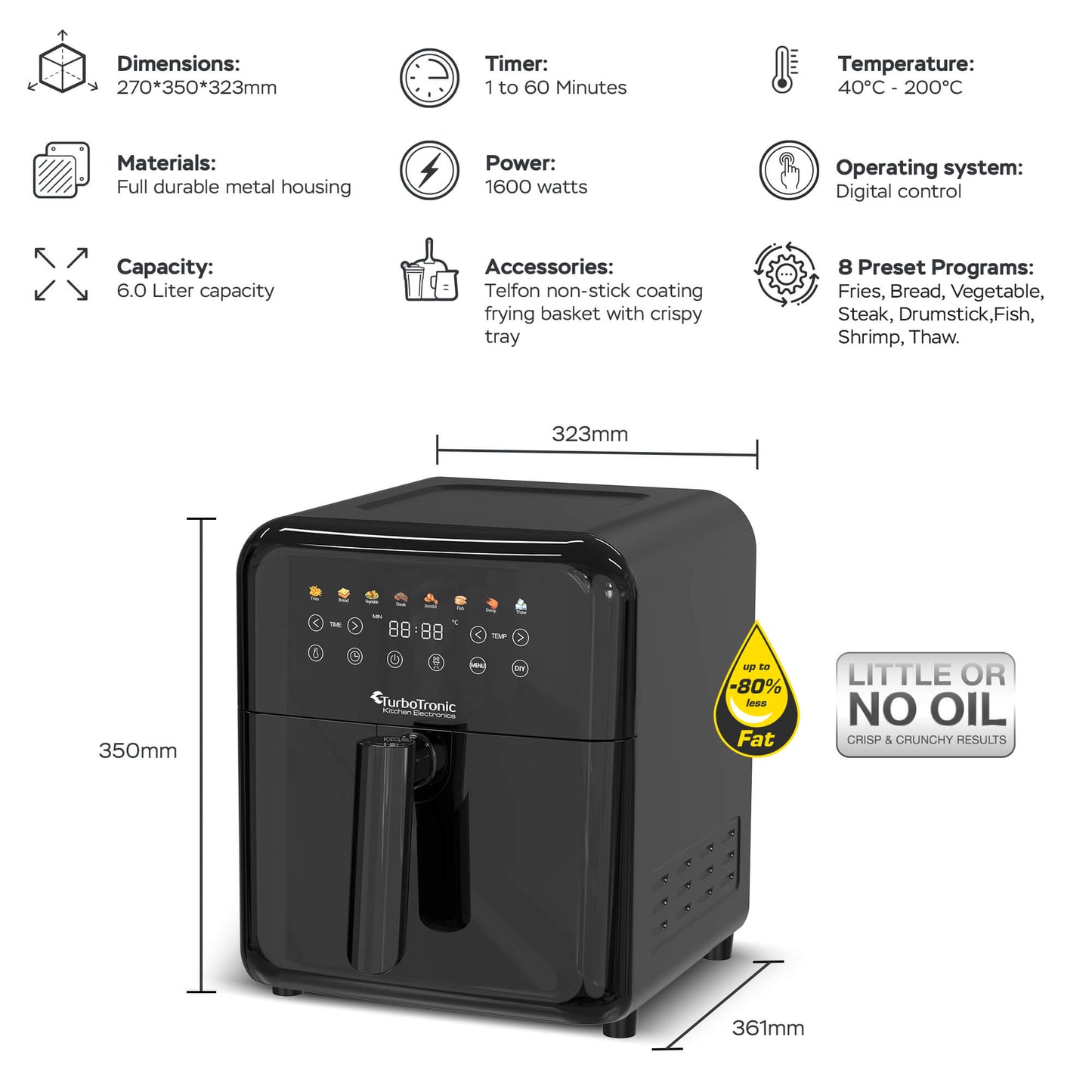 TurboTronic AF190 Digital Airfryer - Sort