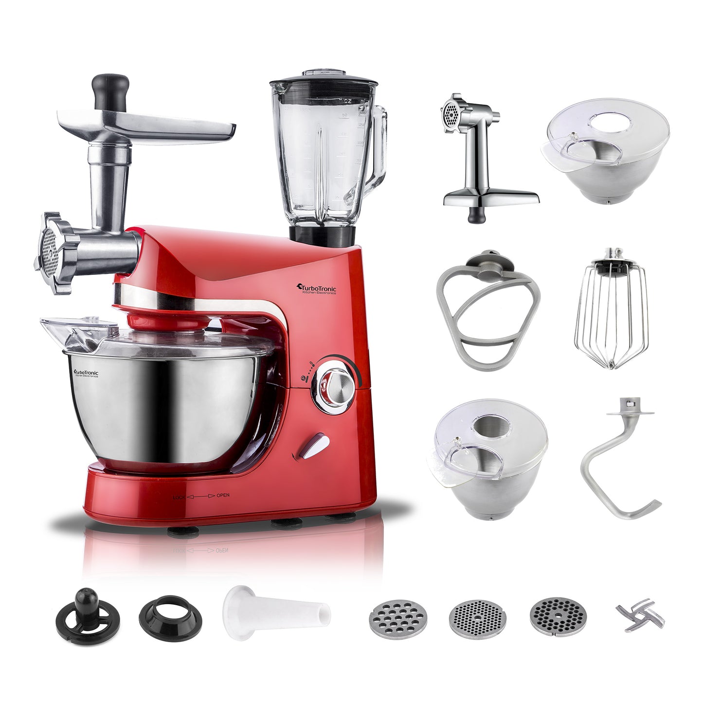 TurboTronic TT-007 foodprocessor med blender og kødhakker - 5L - rød