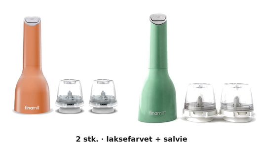 Finamill batteridrevet krydderkværn, 2 stk. i laksefarvet og salvie