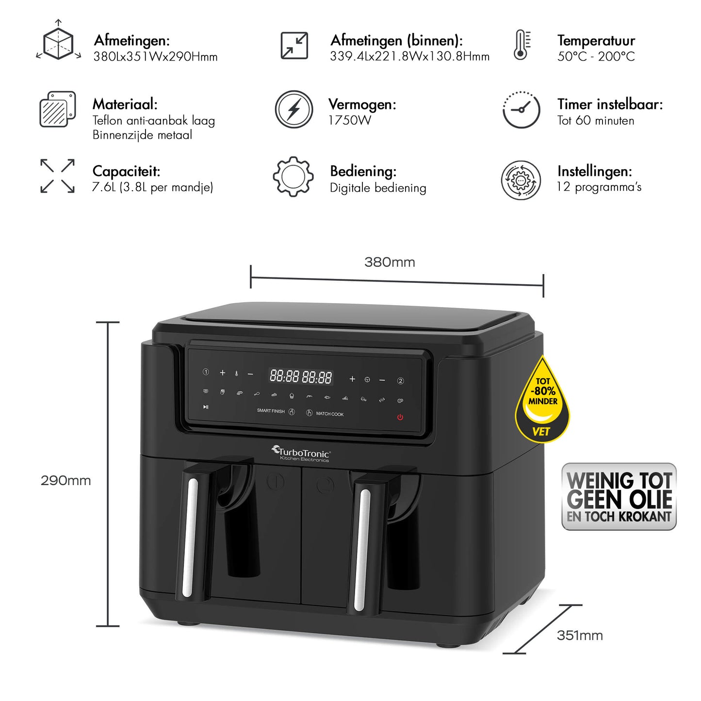 TurboTronic AF118 Dual Airfryer XL - digital - 7,6 liter - sort